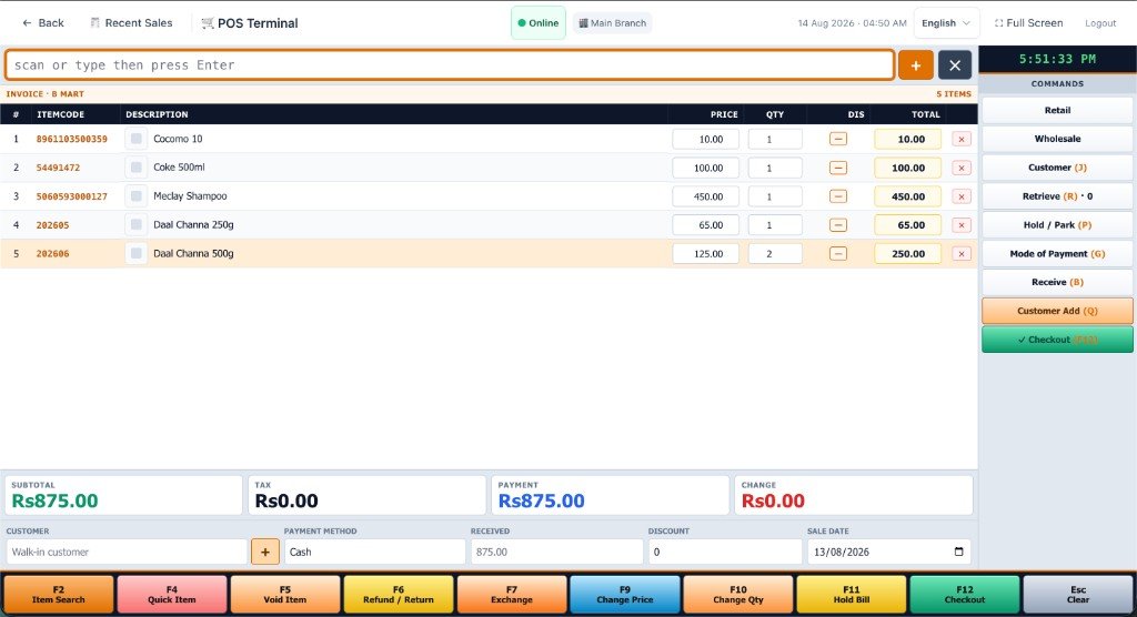 Qubetex Mart POS invoice table with products in the cart