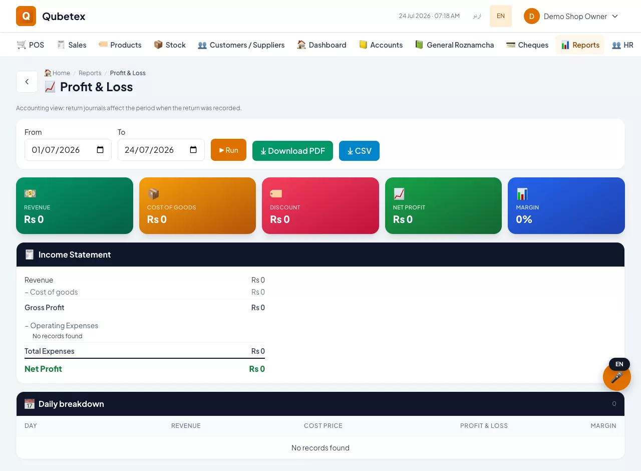 Profit and loss report in Qubetex POS for shops in Pakistan